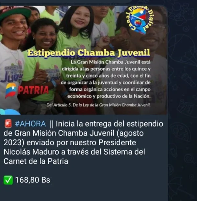  Este es el nuevo monto del Bono Chamba Juvenil de agosto 2023. Foto: Canal Patria Digital/Telegram   