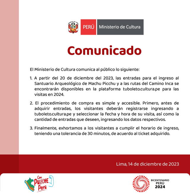 Comunicado del Ministerio de Cultura. Foto: Mincul   