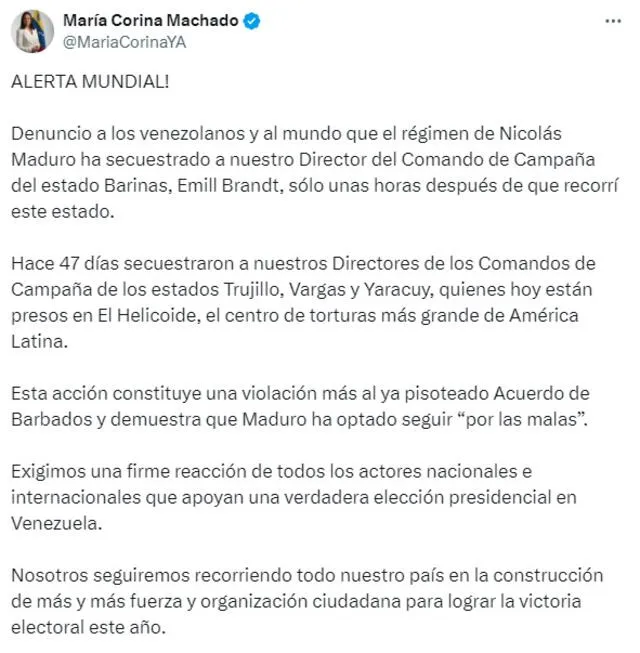 Pronunciamiento de María Corina Machado ante la detención de Emill Brandt Ulloa. Foto: X/MariaCorinaYA    
