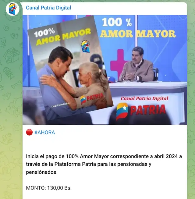 Anuncio del pago de Amor Mayor para abril 2024. Foto: Canal Patria Digital   