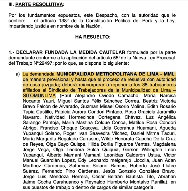 Fundada la medida cautelar solicitada por el Sindicato de Trabajadores de la Municipalidad de Lima.   