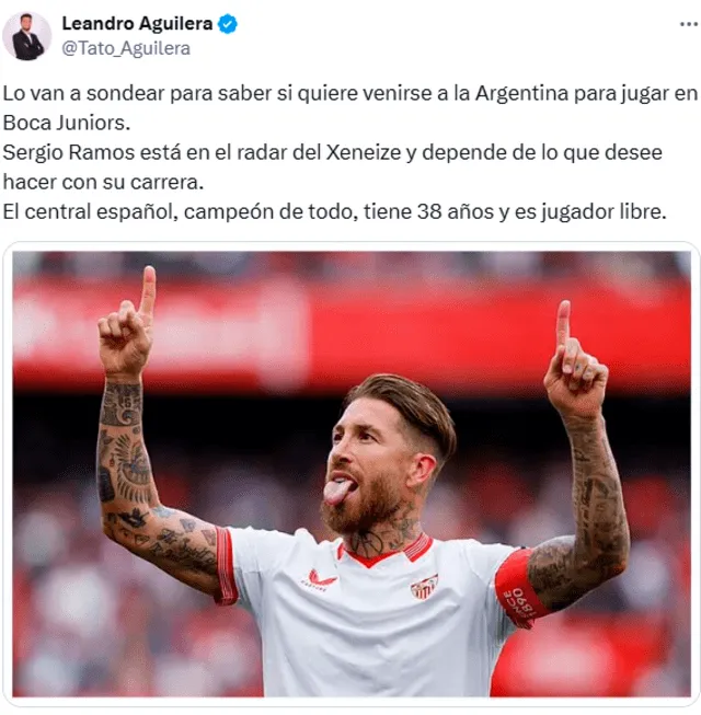  El último club de Sergio Ramos fue el Sevilla de España. Foto: captura de Twitter/Leandro Aguilera.   