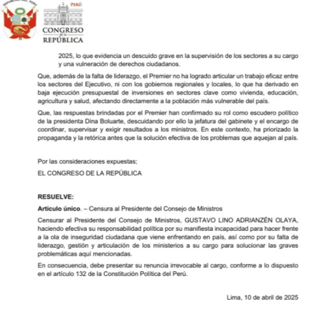 Moción de Censura contra el primer ministro Gustavo Adrianzén. Foto: difusión Moción de Censura contra el primer ministro Gustavo Adrianzén. Foto: difusión
