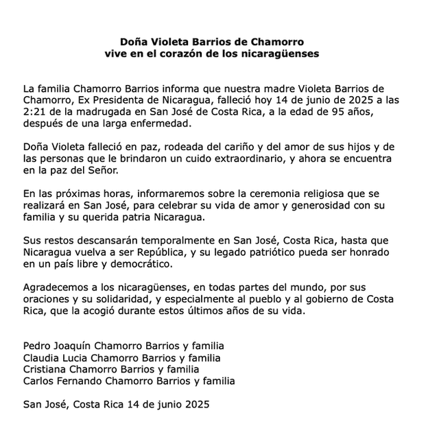 Comunicado difundido en X, antes Twitter del hijo de la expresidenta Violeta Barrios. Foto: Red social X @cefeche Comunicado difundido en X, antes Twitter del hijo de la expresidenta Violeta Barrios. Foto: Red social X @cefeche