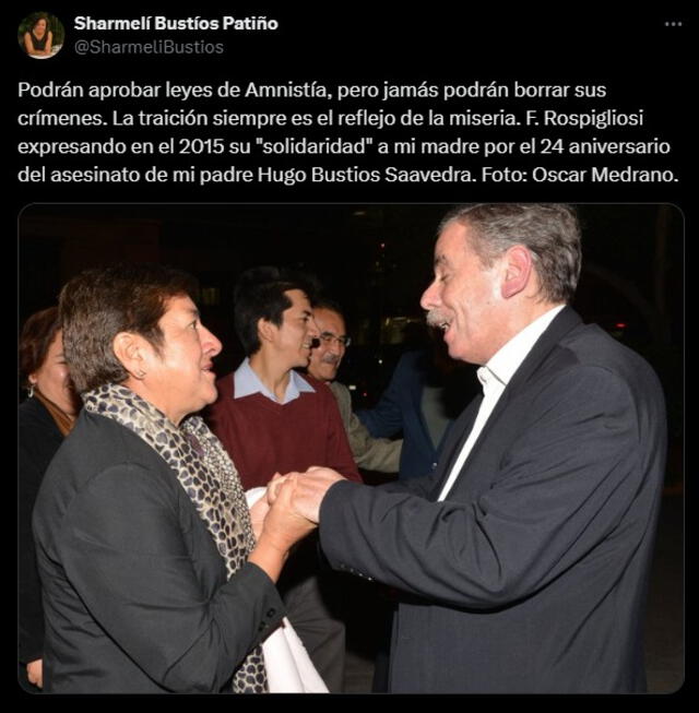 Publicación de Sharmelí Bustíos, hija del periodista Hugo Bustíos | Foto: X-@SharmeliBustios Publicación de Sharmelí Bustíos, hija del periodista Hugo Bustíos | Foto: X-@SharmeliBustios
