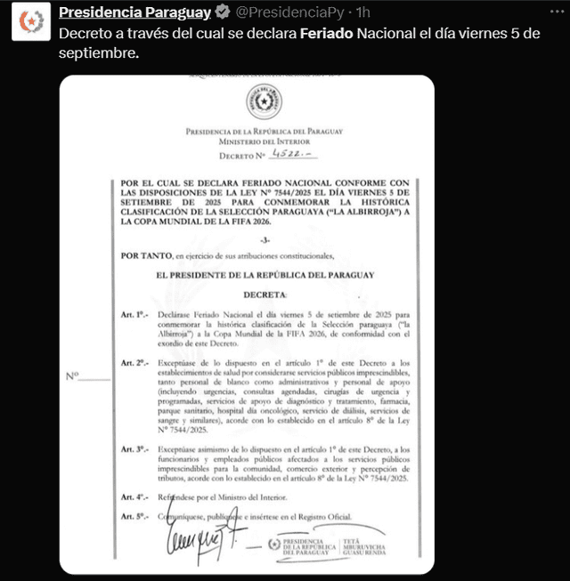  Presidencia de Paraguay declara feriado nacional el viernes 5 de septiembre. Foto: X   