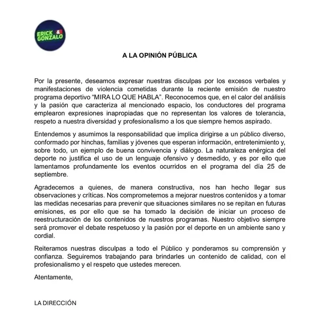 Comunicado del programa "Erick y Gonzalo". Foto: "Erick y Gonzalo"/Facebook   