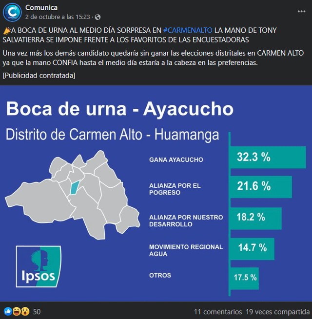 Encuesta falsa atribuida a Ipsos en Carmen Alto. Foto: Captura PerúCheck.