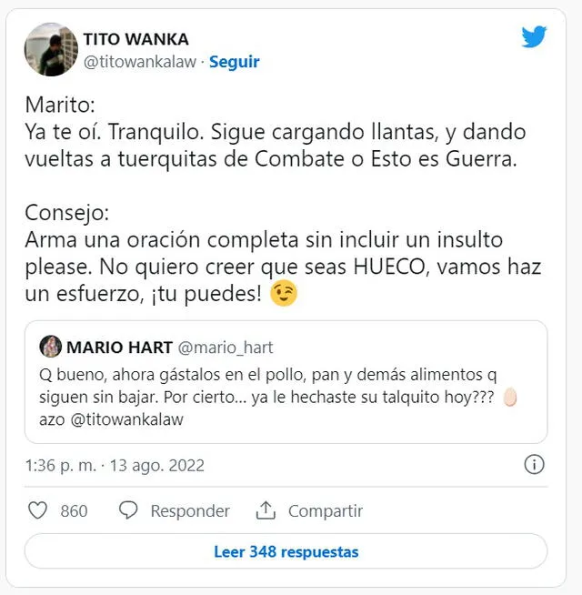 13.8.2022 | Tuits entre Mario Hart y Tito Wanka. Foto: captura Twitter