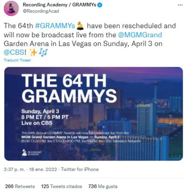 Confirmación de los Grammy 2022. Foto: Twitter