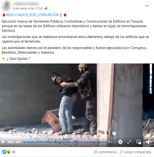  Publicación viral señala falsamente que video muestra una ejecución masiva en Turquía. Foto: captura en Facebook.&nbsp;   
