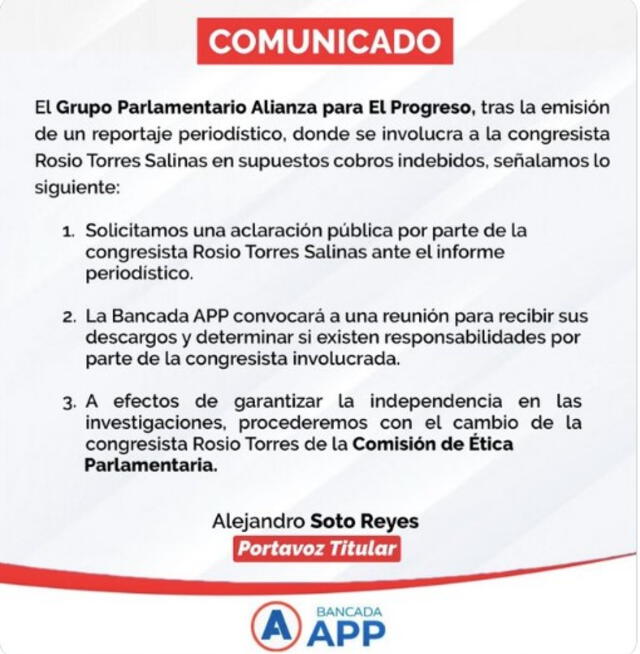 Comunicado de Alianza para el Progreso luego de la denuncia contra la congresista Rosio Torres.   