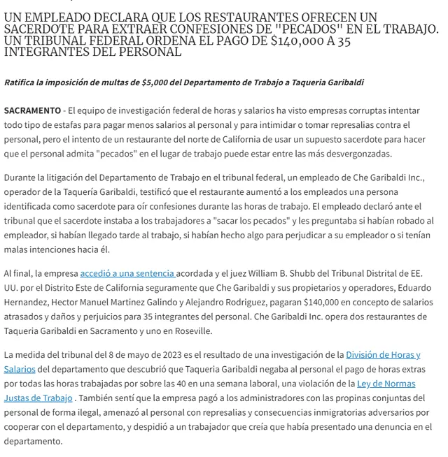 Comunicado de prensa del Departamento de Trabajo. Foto: dol.gov   