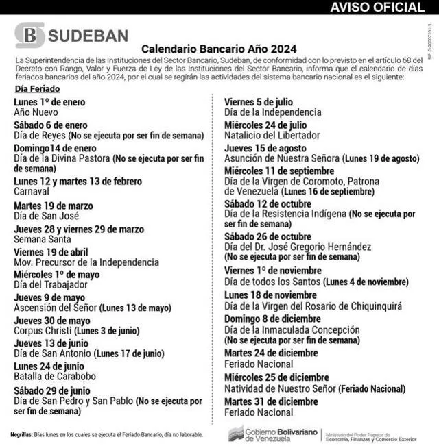 Este es el calendario que publicó Sudeban sobre los lunes y feriados bancarios que habrá en Venezuela en 2024. Foto: Sudeban   