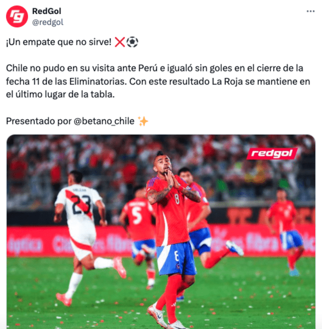 La prensa chilena lamentó el empate ante Perú en Lima. Foto: RedGol.   