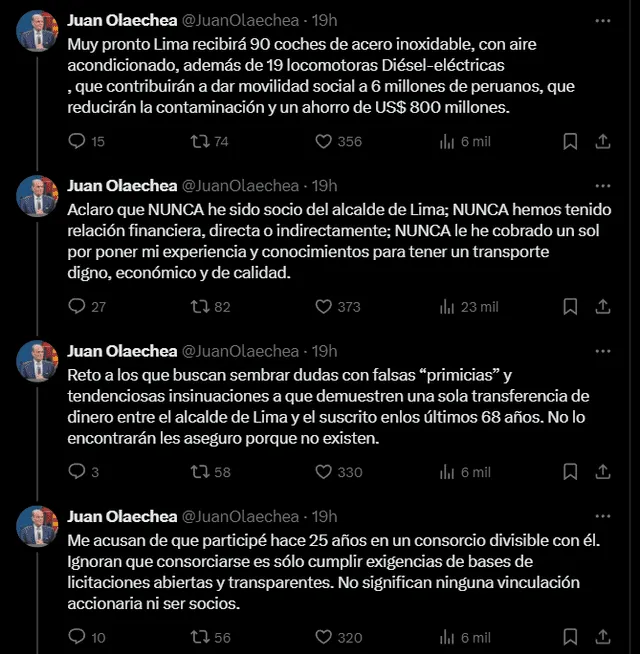 Juan Olaechea brinda sus descargos luego de que saliera investigación sobre supuesto favorecimiento por donación de trenes de Estados Unidos. Foto: X   