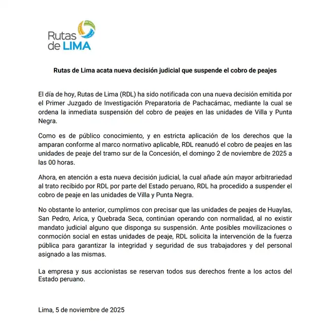 Comunicado de Rutas de Lima. Foto: difusión   