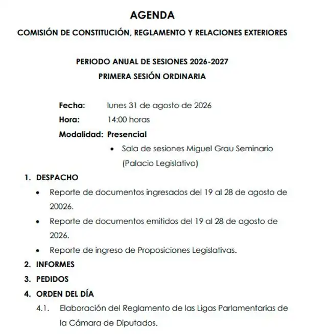 Agenda de la Comisión de Constitución, Reglamento y Relaciones Exteriores Agenda de la Comisión de Constitución, Reglamento y Relaciones Exteriores