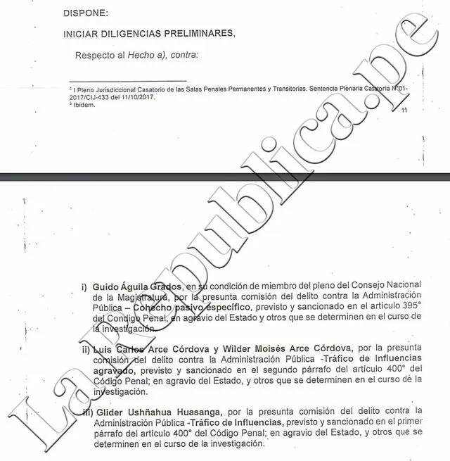 Disposición fiscal para investigar a los hermanos Arce Córdova, a Guido Aguila y al fujimorista Glider Ushñahua. Foto: La República.