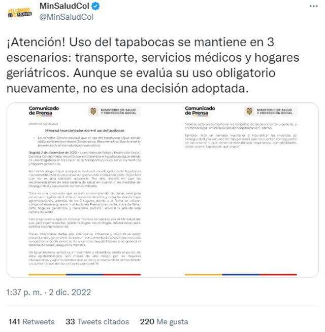 El Ministerio de Salud de Colombia recordó las medidas que aún se presentan en el país por el Covid-19. foto: captura @MinSaludCol/Twitter.