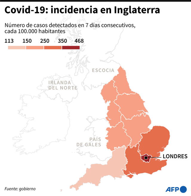 Número de casos de COVID-19 detectados en 7 días consecutivos cada 100.000 habitantes. Infografía: AFP