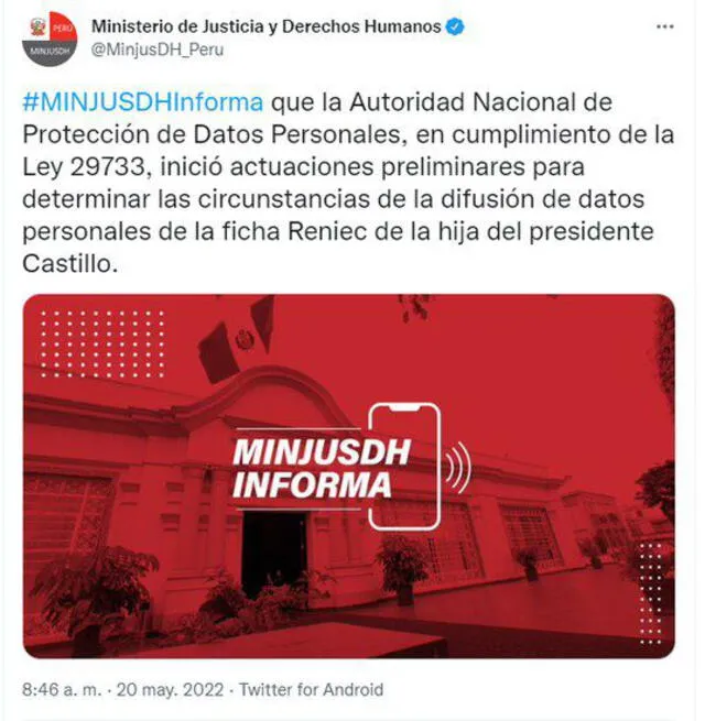 ANDP informa que se investigará preliminarmente la circunstancias en que se difundieron los datos personales de Pedro Castillo. Foto: captura/Twitter