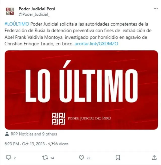  El Poder Judicial anunció la solicitud a la Federación Rusa. Foto: Twitter 