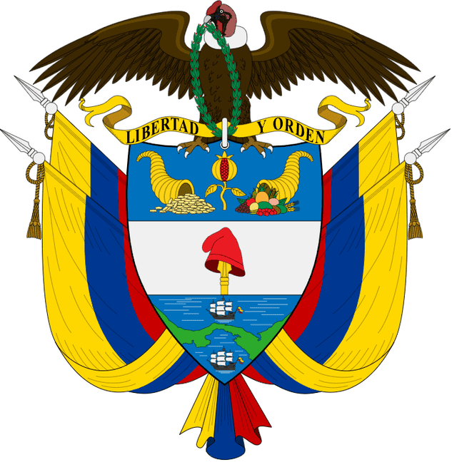 El escudo de Colombia muestra la granada, sombrero frigio, canal de Panamá, cóndor, laureles y lema. Foto: Wikipedia   