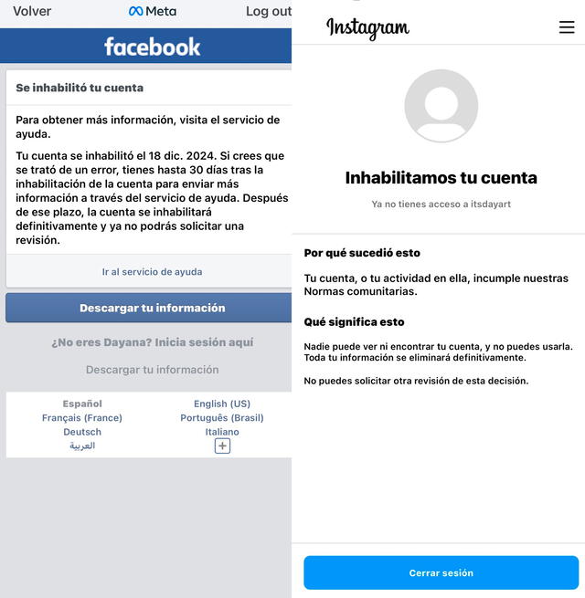  Así luce una cuenta de Facebook e Instagram baneada. Foto: captura de X   