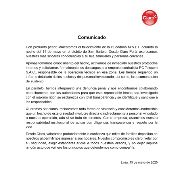 Claro emite pronunciamiento tras muerte de madre den San Bartolo. Foto: Comunicado de Claro   