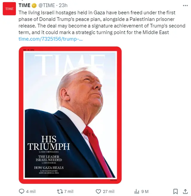 Publicación realizada por la revista Time. Foto: captura de X Publicación realizada por la revista Time. Foto: captura de X