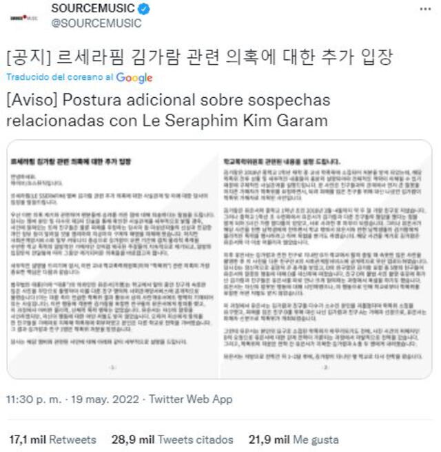 Source Music y su postura sobre Kim Garam recibe respuestas mixtas en redes sociales. Foto: Twitter