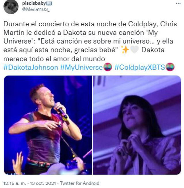Chris Martin y Dakota Johnson. Foto: Twitter