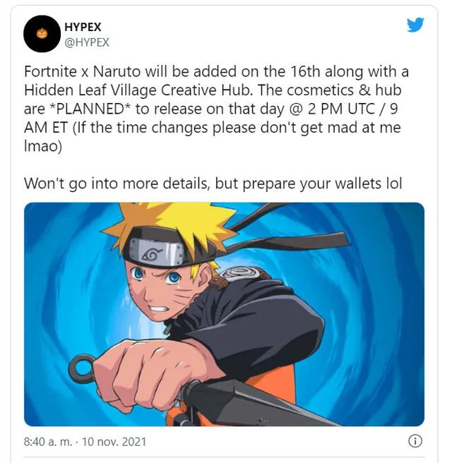 Tuit de Hypex sobre Naruto