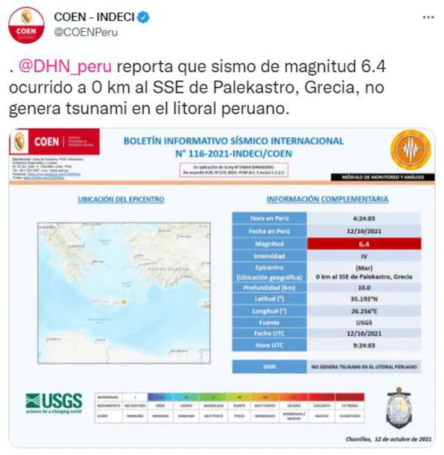 El Centro de Operaciones de Emergencia Nacional (COEN) descartó en su tuit que lo ocurrido en Grecia repercuta en las costas peruanas. Foto: Twitter @COENPeru