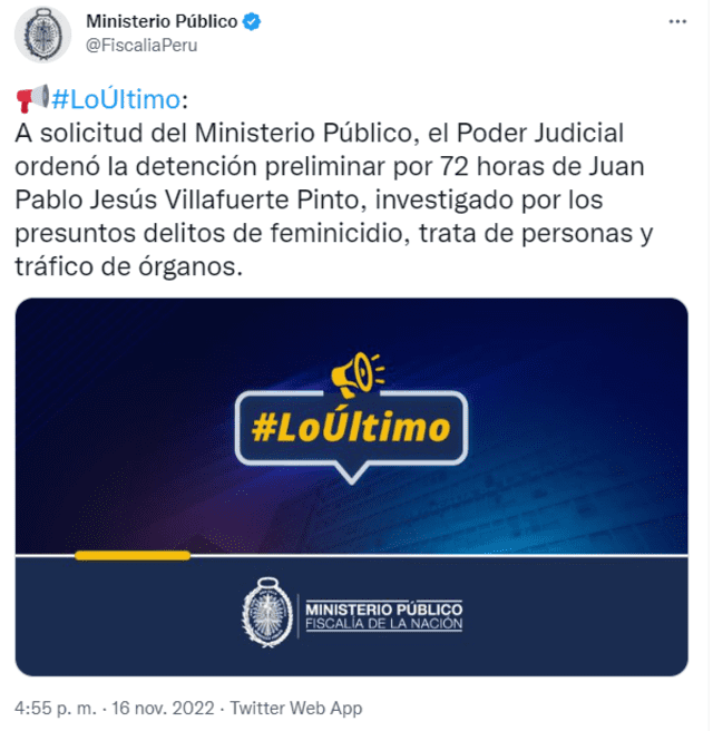 Villafuerte Pinto es vinculado a la desaparición de la ciudadana mexicana Blanca Arellano Gutiérrez, en Huacho. Foto: Twitter de Poder Judicial