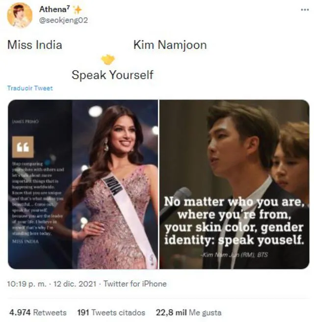 Los mensajes similares entre Miss India y Namjoon de BTS. Foto: captura/Twitter