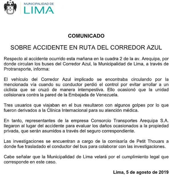 Comunicado Municipalidad de Lima.