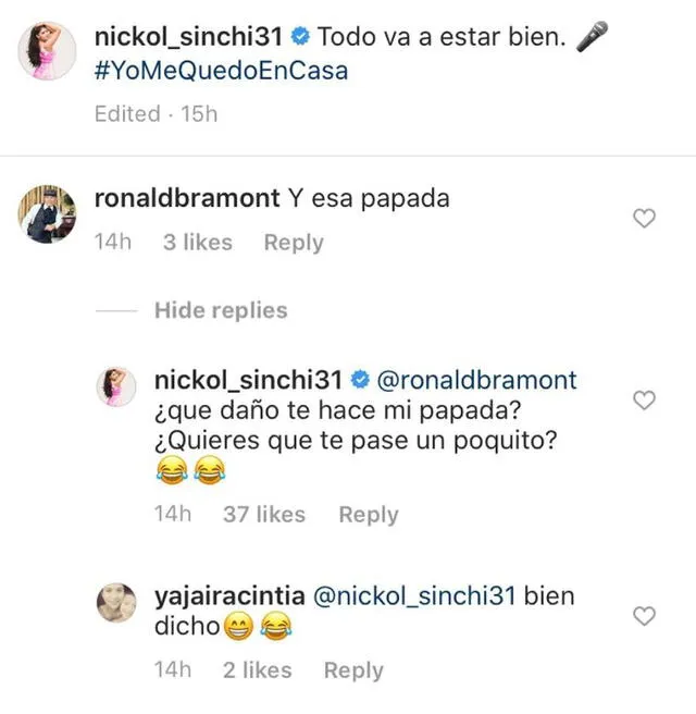 Nickol Sinchi le responde a usuario en Instagram