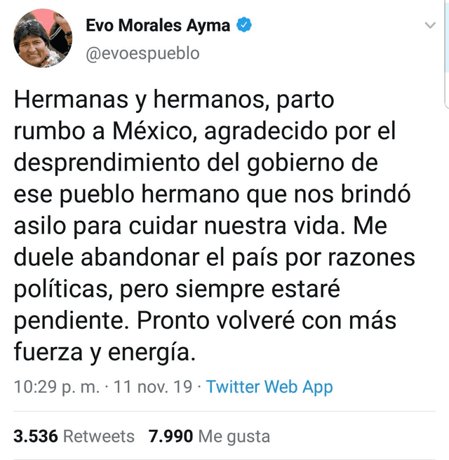 Evo Morales se despidió de Bolivia en Twitter. Foto: Captura