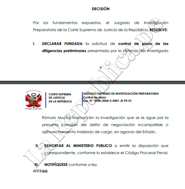 Resolución del Juzgado de Investigación Preparatoria de la Corte Suprema de Justicia de la República en el caso de Rómulo Mucho. Foto: La República.   