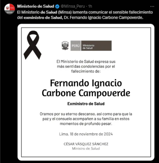 Ministerio de Salud lamentó el fallecimiento de Fernando Carbone Campoverde.   