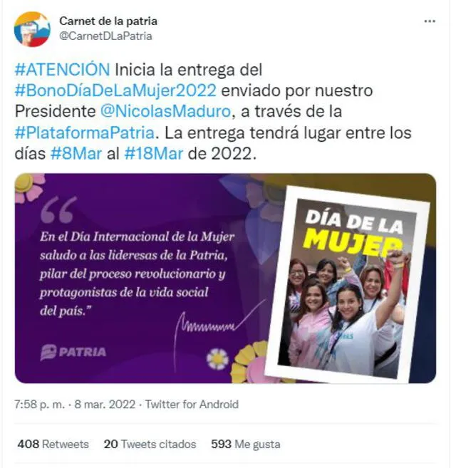 Inicia la entrega del Bono Día de la Mujer 2022 en Venezuela. Foto: captura Twitter