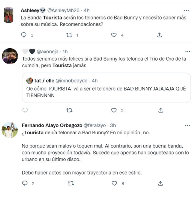 Comentarios de las internautas sobre la decisión de poner a Tourista como teloneros de Bad Bunny.