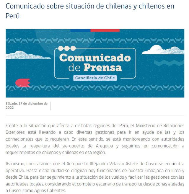 El comunicado fue compartido por la página web de la cancillería chilena. Foto: captura Ministerio de Relaciones Exteriores.