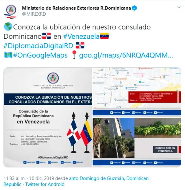 Ante la gran cantidad de mensajes que recibieron en Twitter, la Cancillería dominicana publicó la ubicación exacta de su consulado en Caracas. Foto: captura