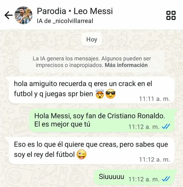 Chatbot de Lionel Messi. Foto: La República Chatbot de Lionel Messi. Foto: La República