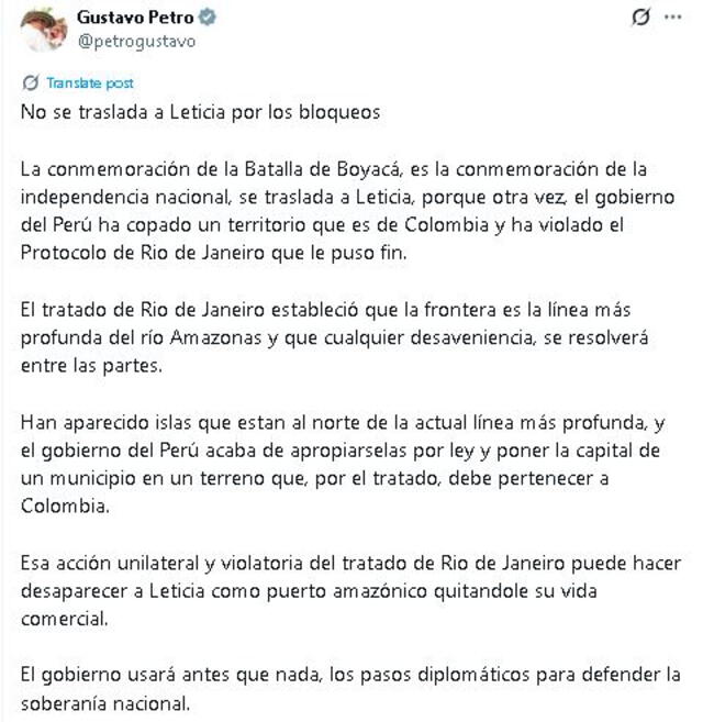 Tweet de Gustavo Petro Tweet de Gustavo Petro
