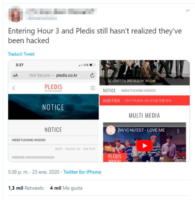 Internautas advirtieron que la web de PLEDIS Entertainment había sido hackeada el 24 de enero del 2020.