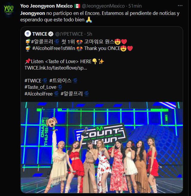 Fandom de TWICE comenta la ausencia de Jeongyeon en el encore de M Countdown. Foto: captura Twitter